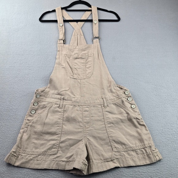Wallflower Jeans Pants - WallFlower Short Overalls Women Large Beige Linen Side Buttons Adjustable Straps